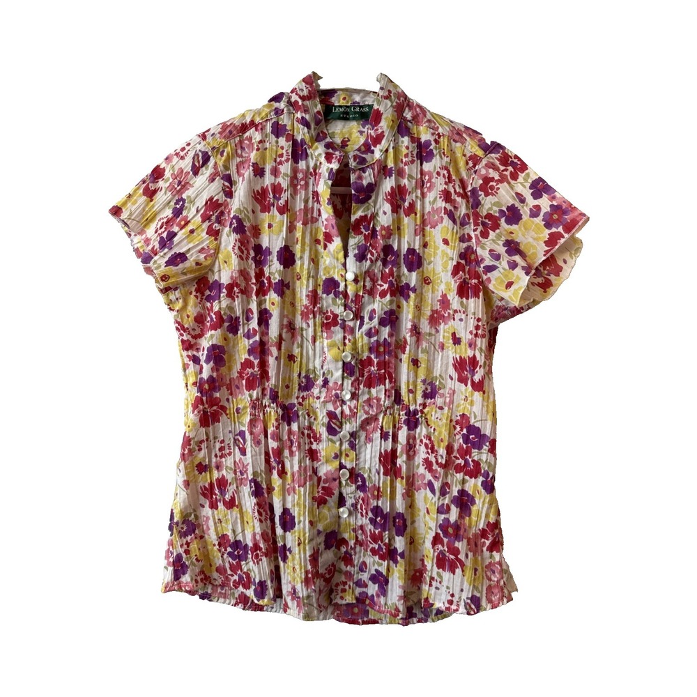 Lemon Grass Studio Floral Pleated Short Sleeve Button Up Top Petite S Resort Y2K